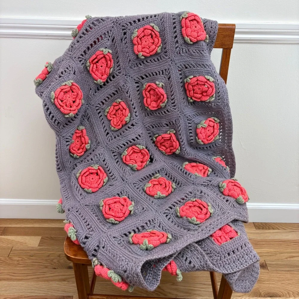 FLAWED Crochet Granny Square Blanket Purple 3D Pink Roses Handmade Cottagecore